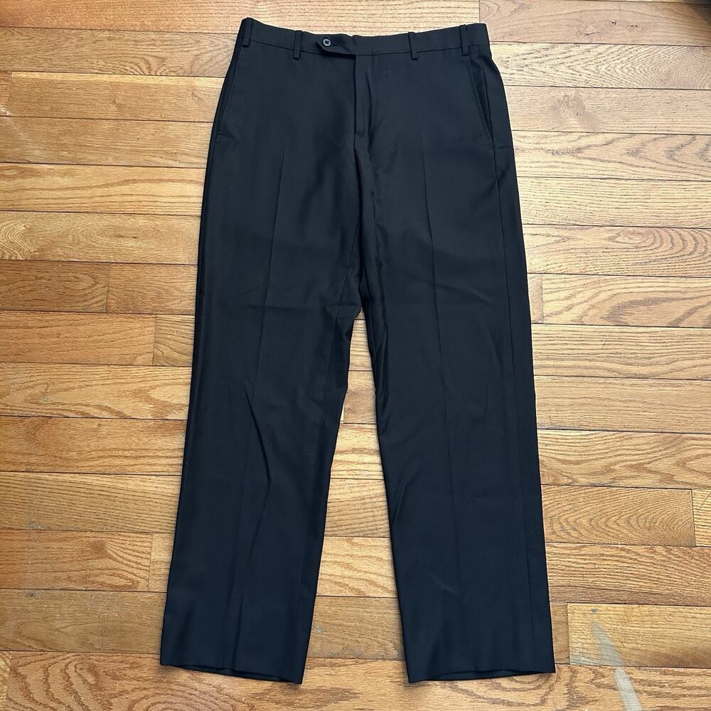 Zanella Devon Black 100% Wool Pleated Trousers Suit Pants Made In Italy 33x29